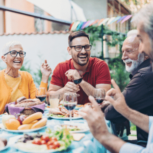 Family members eating a meal together, representing diet culture