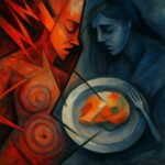 Abstract illustration showing the connection between nervous system dysregulation and food intake. A dark blue neuron-like shape on the left contrasts with a red shape containing a plate, fork, and knife symbol on the right. The two sides are divided by a flowing orange line, symbolizing the tension between brain and body responses to eating.